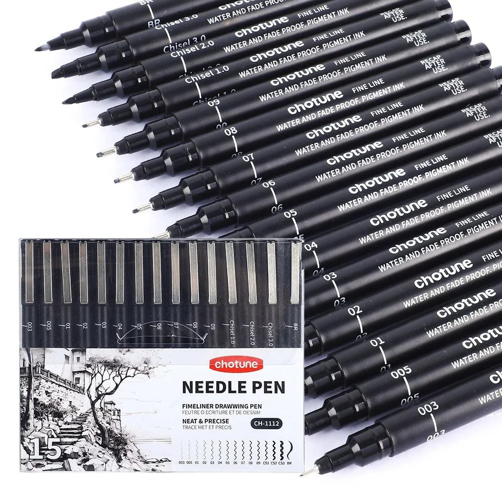 Correction Pen Fine - Microbolígrafos negros, 15 tamaños, tinta de
